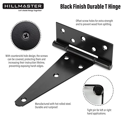 HILLMASTER 10 Inch T-Strap Heavy Duty Shed Door Hinges Gate Strap Hinges Black Tee Hinge Wrought Hardware for Wooden Fences,Yard,Barn Door,Rustproof (6 Pack) - size: 10in 6Pack