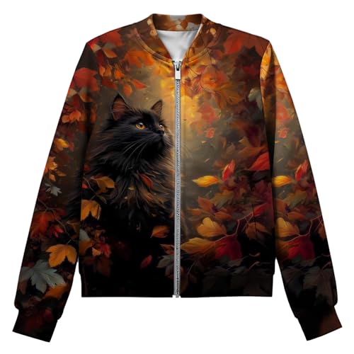Vintage Fall/Winter Casual Animal Print Graphic Coat Women's Basic Crew Neck Long Sleeve Fashion Bomber Jacket - color: Black Yellow, size: 3X-Large