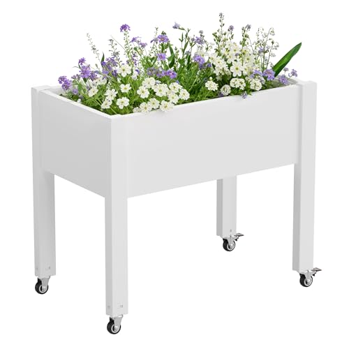 Elevated Raised Garden Bed with Wheels,Planter Box,Ashen-26.3" h | Resin Planter Box with Drainage Holes, Water Monitor, Wheels for Garden Patio Backyard - color: Ashen, size: 26.3"h