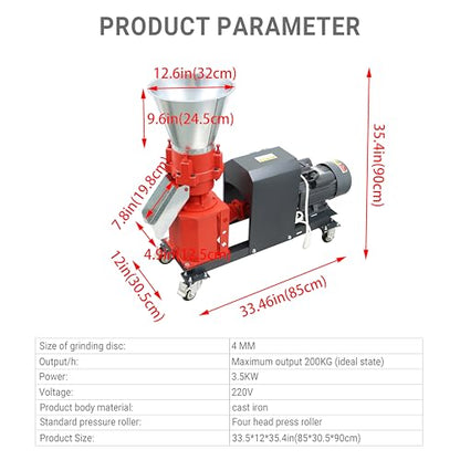3.5KW Feed Pellet Machine,Animal Pellet Mill with 4-Roller Press for Poultry Livestock Goats,330-440 lbs/h Output,220V Electric Pellet Maker (4mm Die Included)