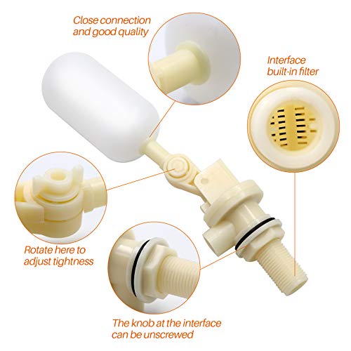 1/2 Inch Float Valve Kit Adjustable Arm Auto Water Level Control | PVC Float Ball Valve for Auto Fill For Water Tank, Pool, Fountain, Swamp Coolers, Automatic Waterer, Dog Water Bowl Dispenser