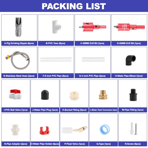 8PCS Pig Water Nipples Kit, Kalolary Automatic Pig Nipple Drinkers Kit Pig Waterer Set for Barrel Piggy Waterer System with PVC Pipeline, Float Valve and Stainless Still Hose