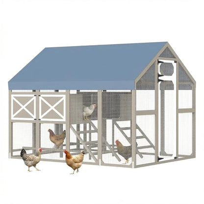 71" H Large Chicken Coop Outdoor Walk in Chicken Run for 8-12 Chickens, Weatherproof Hen House with 8 Nesting Boxes, Ramp, Wooden Poultry Cage for Backyard Yard Farm - color: Walk-in Chicken Coop Grey