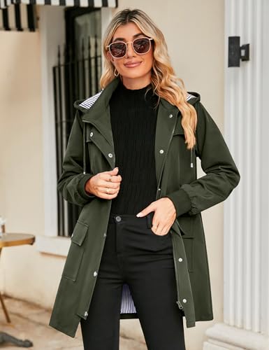 Bloggerlove Rain Jacket Women Lightweight Raincoat Waterproof Windbreaker Striped Climbing Outdoor Hooded Trench Coats S-XXL - color: Army Green, size: Medium
