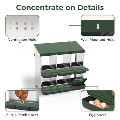 Garvee 6-Hole Chicken Nesting Box with Removable Lid, Metal Chicken Coop with Roll Away Design/Easy Egg Collection/Ventilation Holes, for Chicken Coops, Duck Coops and Hens (Green) - color: GREEN, size: 31.9"L x 20.5"W x 31.1"H