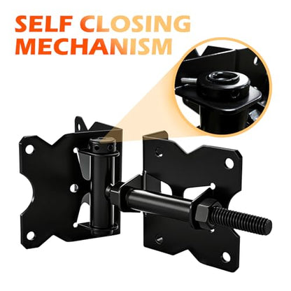 Heavy Duty Self-Closing Gate Hinges for Vinyl & Wooden Fence Gates, 90° Adjustable Hinges Kit with Swing Adjuster Tool and Self-Tapping Screws, Non-Weld Black Finish,4-Pack - size: Gate Hinges-4 Pcs