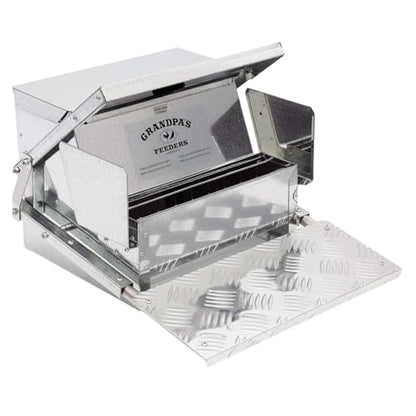 Grandpas Feeders Automatic Chicken Feeder - 20 lbs No Waste Poultry Feeder, Rat Proof & Rodent Proof Treadle Chicken Feeder, Galvanized Steel with Lid, Feeds 6 Chickens up to 10 Days - size: Standard