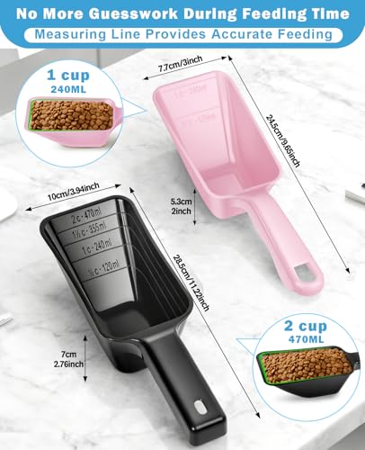 2-Pack Dog Food Scoop Set,1 Cup and 2 Cup Plastic Pet Food Measuring Scoops with Clear Measurement Lines,Multi-Purpose Pet Food Scooper for Dogs, Cats (Pink and Black) - color: Pink and Black