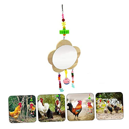 Creative Wooden Hanging Mirror Toy for Chickens and Hens Fun Pet Rooster Accessory Bell Engaging Pecking Play for Coop Entertainment