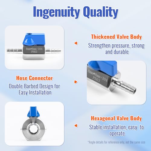 5/16" Hose ID Barb Ball Valve, 304 Stainless Steel Dual 8mm Barb Mini Heater Hose Shut Off Valve with Clamps for Fuel, Gas & Water Lines - size: 5/16 Inch