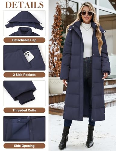 UMIPUBO Women's Long Maxi Down Coat Winter Puffer Jacket Warm Padded Outerwear Faux Fur Removable Hood Parka Full-Zip - color: Navy Blue, size: Large