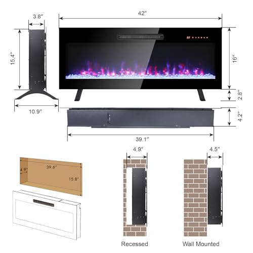 42" Electric Fireplace, Wall Fireplace Electric with Remote Control, 16 Adjustable Flame Colors, Freestanding/Wall Mounted/Recessed, 1400W Fireplace Insert Heater, Timer, Thermostat - size: 42 Inch Standard