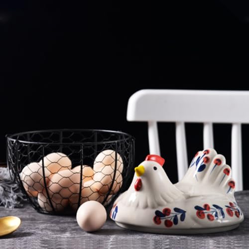 Ceramic Egg Holder, Hollow-Out Wire Chicken Egg Holder with Chicken Shaped Lid, Non Slip Basket Countertop with Handle for Gathering Fresh Eggs