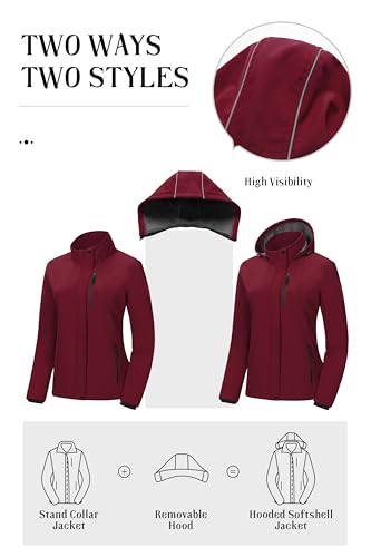 Pursky Women's Softshell Jacket Lightweight Fleece Lined Rain Jacket Waterproof Warm Windbreaker Coat With Removable Hood - color: Burgundy, size: XX-Large