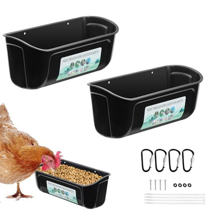 PIREKZUNT 2 Pack Chicken Duck Feeder, Poultry Feeders and Waterers, Hanging Goat Feeder, Livestock Feeding Container, Feed Trough and Waterer Bucket with Clips(Black) - color: 2 Pack Black