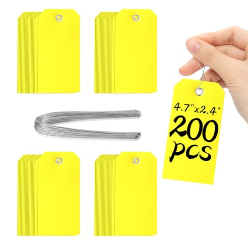 200 Pieces 4 3/4" x 2 3/8" Plastic Shipping Tags with Wire Waterproof Tags for Labeling Heavy Duty Plastic Tags Blank Tags to Write On with Reinforced for Equipment Car Parts Garage Storage(Yellow) - color: Yellow