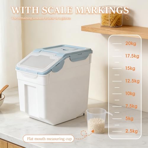 2 Pcs Rice Storage Container(55lbs), Large Airtight Flour Storage Containers with Seal Locking Lid & Wheels, Dog Pet Food Bin with Measuring Cup, for Sugar Cereal Dry Food Blue