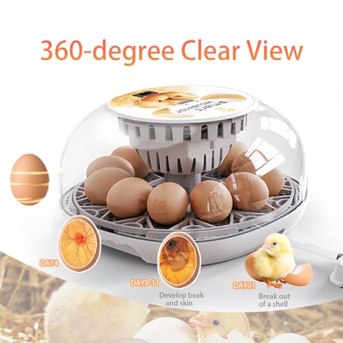 Incubators for Hatching Eggs Incubator with Automatic Egg Turning and Humidity Control, 360° Clear View, Poultry Incubator for Hatching Chicken, Duck, Quail, Pigeon, Goose Eggs (White)