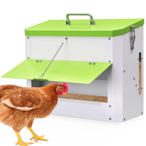 25LBS Automatic Chicken Feeder-No Waste Metal Poultry Feeder with View Window & Rain Cover,Hanging Chicken Food Dispenser for Outdoor Coops，No Assembly, Rodent Proof
