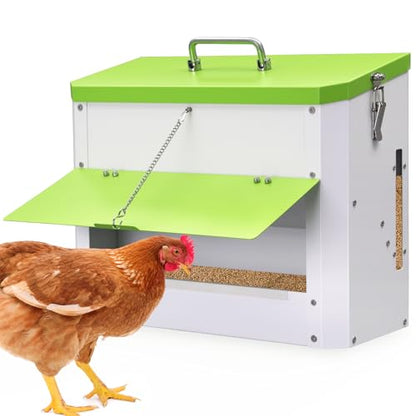 25LBS Automatic Chicken Feeder-No Waste Metal Poultry Feeder with View Window & Rain Cover,Hanging Chicken Food Dispenser for Outdoor Coops，No Assembly, Rodent Proof