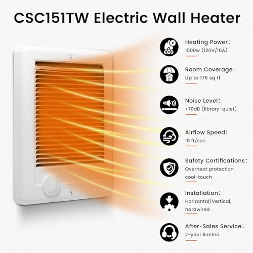 Electric Wall Heater for Indoor Use Complete Unit with Thermostat (Model: CSC151TW, Part: 67509), 5120 BTU, 120 Volt, 1500 Watt, White