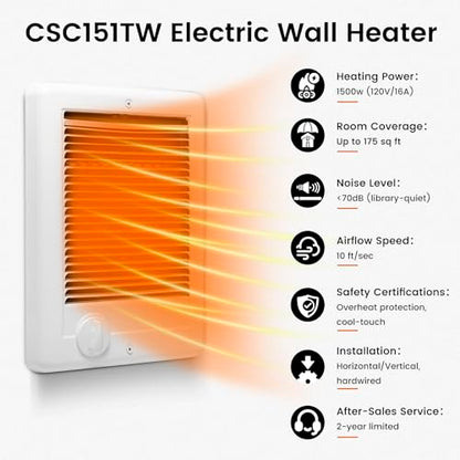 Electric Wall Heater for Indoor Use Complete Unit with Thermostat (Model: CSC151TW, Part: 67509), 5120 BTU, 120 Volt, 1500 Watt, White