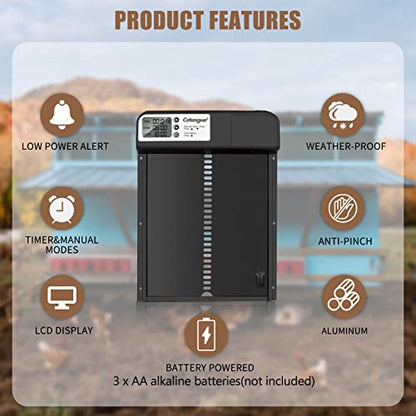 Automatic Chicken Coop Door, Cetasgue Chicken Door Opener with Timer, LCD Display, Battery Powered, Aluminum Door with Anti-Pinch Design, Non Light Sensor, Chicken Coop Accessories for Chicken Run