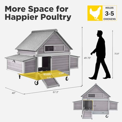 Aivituvin Chicken Coop with Wheels Large Poultry House with Two Nesting Boxes Outdoor Wooden Hen cage - color: Grey, size: 67.0"L x 39.8"W x 49.5"H