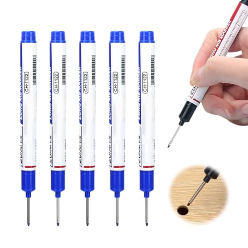 Eadwe 5PCS Long Head Deep Hole Marker Pens, 20mm Deep Reach Markers, Quick-dry Waterproof Long Nib Permanent Markers, Carpenter Ink Marker Pens, Construction Marking Tool, Metal Marking Pen (Blue) - color: Blue