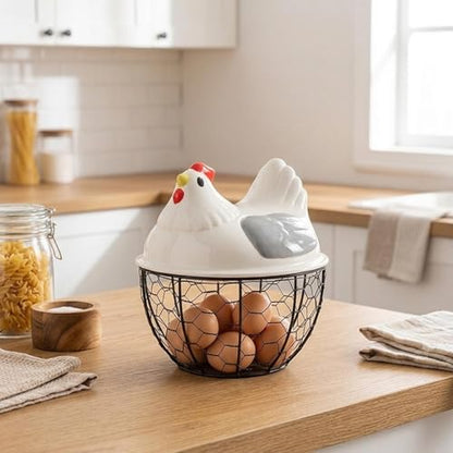 Chicken Egg Basket Metal Iron Wire Egg Collection Basket Vegetable Fruit Basket Farmhouse Decorative Storage with Ergonomic Handles Suitable for, Gray Lid