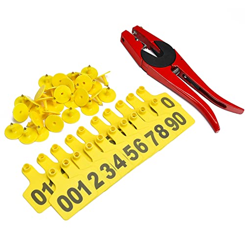Male Buttons/Backs Ear Tag Tool Animal Supplies Livestocks Ear Tag Applicator Farm Animal Laser Type for Steers and heifers, Young Calves(500pcs Yellow Ear Tags and 1pcs Ear Ag Applicator) - color: Yellow, size: 500
