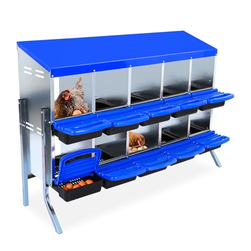 GarveeLife Chicken Nesting Box, 10 Compartments Nesting Boxes for Chickens, Chicken Laying Boxes with Legs, Roll Away Nesting Box for Chickens Laying Egg with Lid Cover to Protect Eggs, Blue