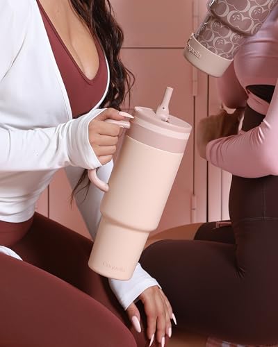 40 oz Insulated Tumbler with Handle and Push-Button Straw Lid, Stainless Steel Travel Cup for Gym Office, Leakproof, BPA-Free, Cup Holder Friendly, Bow Silicone Boot, Beige (Cream Latte) - color: Cream Latte