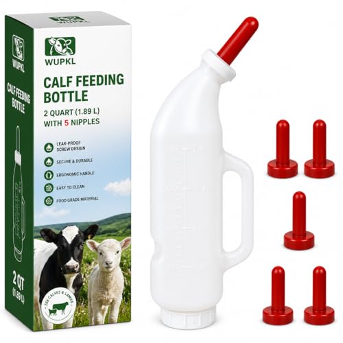 Screw Nipple Calf Feeding Bottle 2 Quart – Leak-Proof Milk Feeder with Ergonomic Handle, Easy Clean, Includes 5 Nipples, Farm & Ranch Feeding Set (Angled Bottle, 1 Pack)