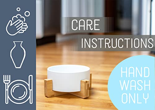 NAT & Jules Small White 6 inch Stoneware Ceramic and Wood Pet Bowl with Stand - color: White