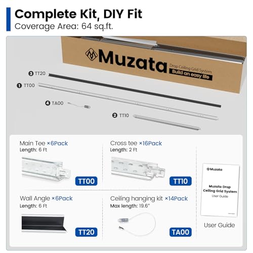 Muzata 64 Sq Ft Drop Ceiling Grid System White Complete Set Galvanized Steel Grid Kit Easy Installation for Basement Living Room Kitchen Bathroom Ceiling, TS04