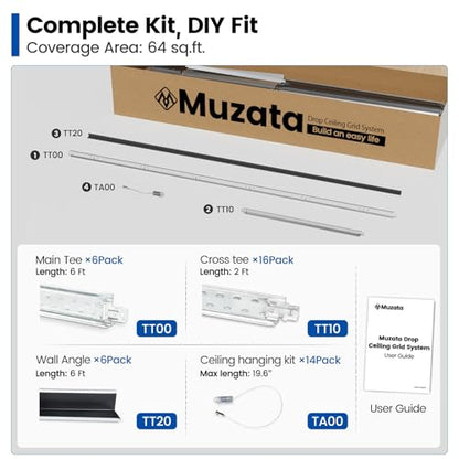 Muzata 64 Sq Ft Drop Ceiling Grid System White Complete Set Galvanized Steel Grid Kit Easy Installation for Basement Living Room Kitchen Bathroom Ceiling, TS04