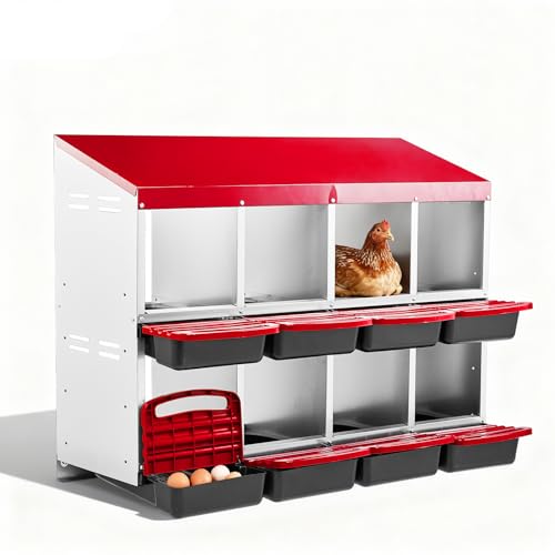 Outvita Chicken Nesting Boxes, 8 Compartments Metal Nesting Boxes for Chickens with Metal Legs, Wall Mount for Laying Eggs with Swing Perch and Roll Away Egg Collection for Chicken Coop, Red - color: Red, size: 44.6"L x 20.5"W x 31.1"H