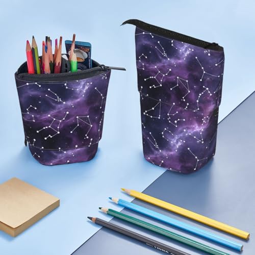 Purple Constellation Standing Pencil Case Cute Telescopic Stationary Pouch with Zipper Large Capacity Stand up Pen Bag Portable Makeup Holder for School Office Supplies - color: Constellation