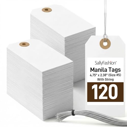 SallyFashion 120 Pack White Shipping Tags with Wire, 4-3/4" x 2-3/8" (Size #5), Heavy-Duty Cardstock Hang Labels with Reinforced Hole, Price Tags for Estate Sale, Retail, or Secondhand Business - color: White