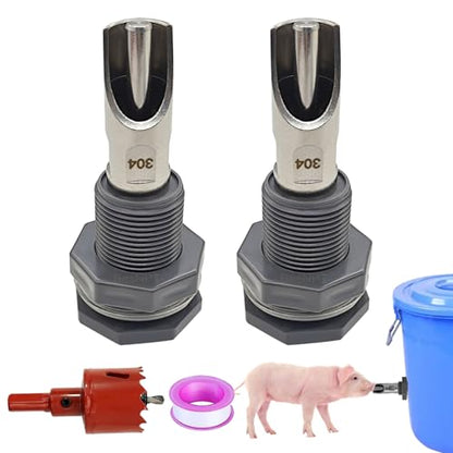 2 Sets Automatic Pig Nipple Drinkers Kit, Stainless Steel Pig Waterer Nipples and Plastics Water Tank Connectors and Hole Openers for Pigs Swine Piglets