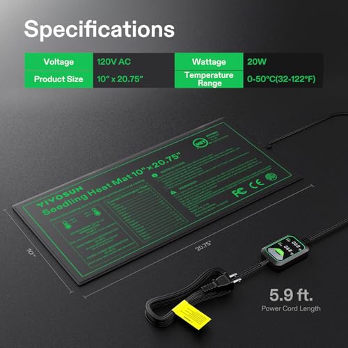 VIVOSUN 10"x20.75" Seedling Heat Mat with Built-in Temperature Controller, UL & MET-Certified Waterproof Plant Heating Pad for Germination, Hydroponics, Brewing, Breeding, and Greenhouses - size: 10"x20.75"
