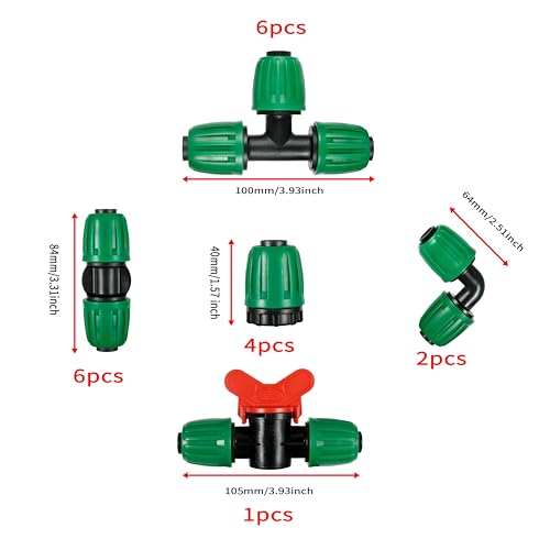 19 Pcs 1/2 Inch Drip Irrigation Fittings Kit (1/2" ID x0.6-0.63" OD) 1/2" Irrigation Tubing Connectors Barbed Locked Nuts Connectors Including 6 Tees, 6 Couplings, 4 Ends 2 Elbows,1 Switch Valves - size: 1/2 inch Fittings Kit