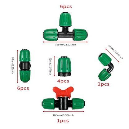 19 Pcs 1/2 Inch Drip Irrigation Fittings Kit (1/2" ID x0.6-0.63" OD) 1/2" Irrigation Tubing Connectors Barbed Locked Nuts Connectors Including 6 Tees, 6 Couplings, 4 Ends 2 Elbows,1 Switch Valves - size: 1/2 inch Fittings Kit