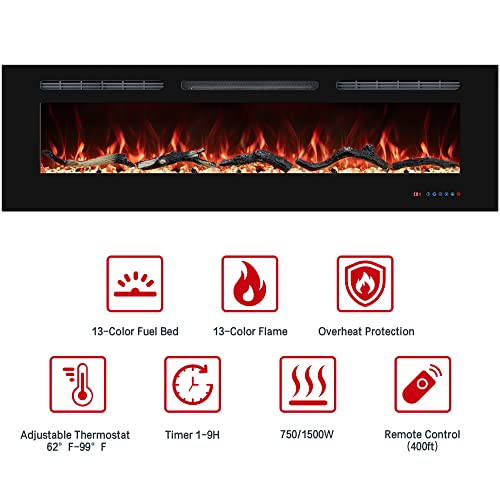 72" Electric Fireplaces Inserts, Recessed & Wall-Mounted Fireplace Heater with Thermostat, Multicolor Flames,Timer, Log & Crystal, 750/1500W - size: 72 inch