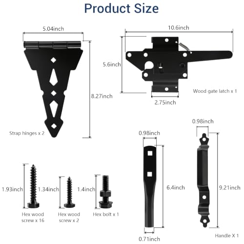 HOME MASTER HARDWARE Wood Gate Hardware Set - Heavy Duty 8" Decorative Strap Hinges and Spring Loaded Latch Kit with Screws for Outdoor Fence Swing Gate Black Finish