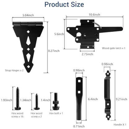 HOME MASTER HARDWARE Wood Gate Hardware Set - Heavy Duty 8" Decorative Strap Hinges and Spring Loaded Latch Kit with Screws for Outdoor Fence Swing Gate Black Finish
