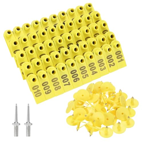 M METERXITY 100-Pack Sheep Ear Tags 001-100 Number, Plastic Livestock Tags with 2 Ear Label Needles for Cows/Sheep/Cattle/Pig, Farm Animal Identification Markers [Yellow] - color: Yellow