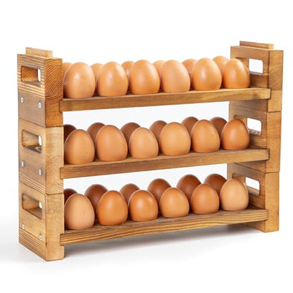 Egg Holder Countertop, 3-Tier Egg Storage for Countertop Organizer, Holds 36 Eggs, Wooden Egg Holder Fits Duck, Turkey, Chicken Eggs