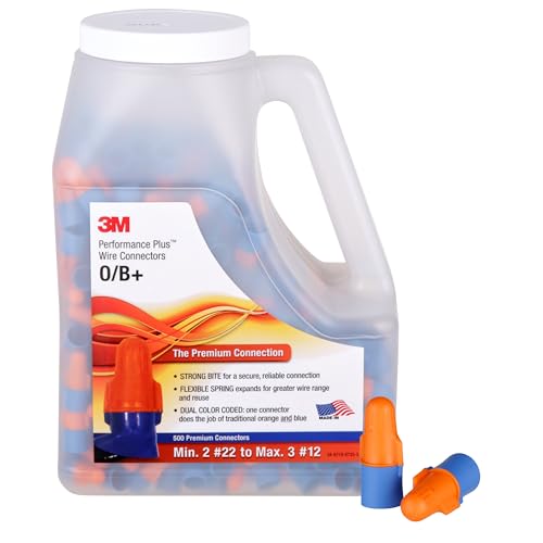 3M Performance Plus Wire Connector, O/B+JUG, Orange/Blue, Flexible Steel Spring Connectors, Twist On, CSA Certified, UL Listed, Jug of 500, 22-12 AWG - size: Jug of 500